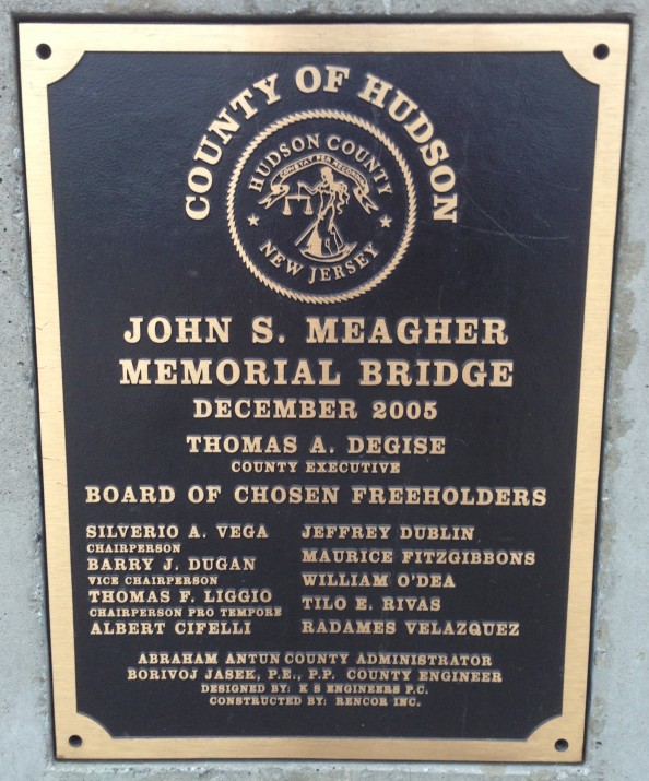 Plaque on the John S. Meager Memorial Bridge in Lincoln Park, Jersey City.
