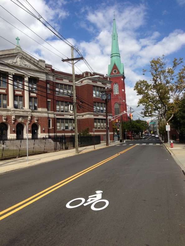 One more photo of the new bike sharrows underway on Old Bergen Road in Jersey City